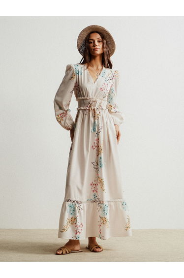 Women Floral Print Smocking Detail Maxi Dress