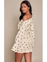 Cream Polka Dot Linen Look Boat Neck Ruched Bodycon Dress - 2
