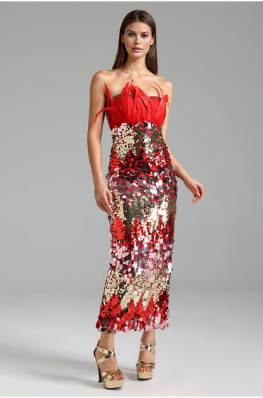 Kyra Sequin Slim Feather Midi Dress