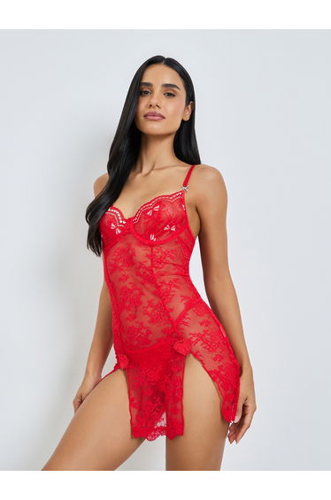 Floral Lace Underwired Heart Applique Detail Babydoll with Briefs