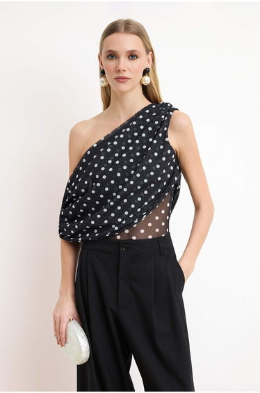 Black-White Asymmetric Collar Polka Dot Party Blouse
