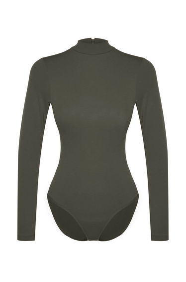 Khaki Cotton Turtleneck Long Sleeve Snap Knit Bodysuit