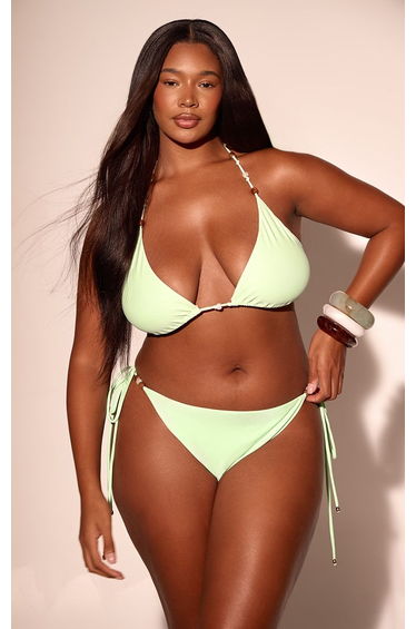 Plus Lime Bead Detail Tanga Bikini Bottoms