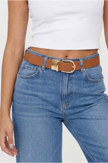 Gold Buckle Reversible Belt - tan
