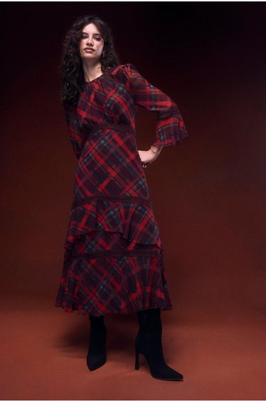 Printed Tiered Fluted Sleeve Lace Insert Midi Dress