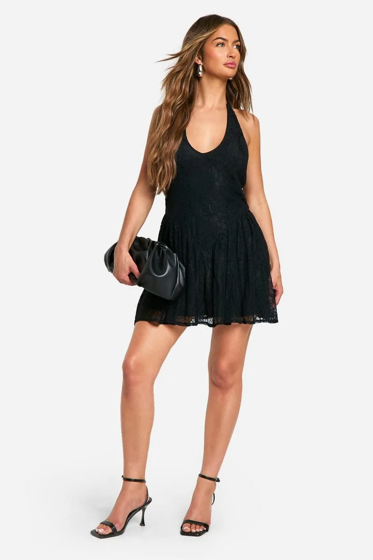 Shop Halter Neck Lace Mini Dress - black Online in Oman Shop Halter Neck Lace Mini Dress - black Online in Oman