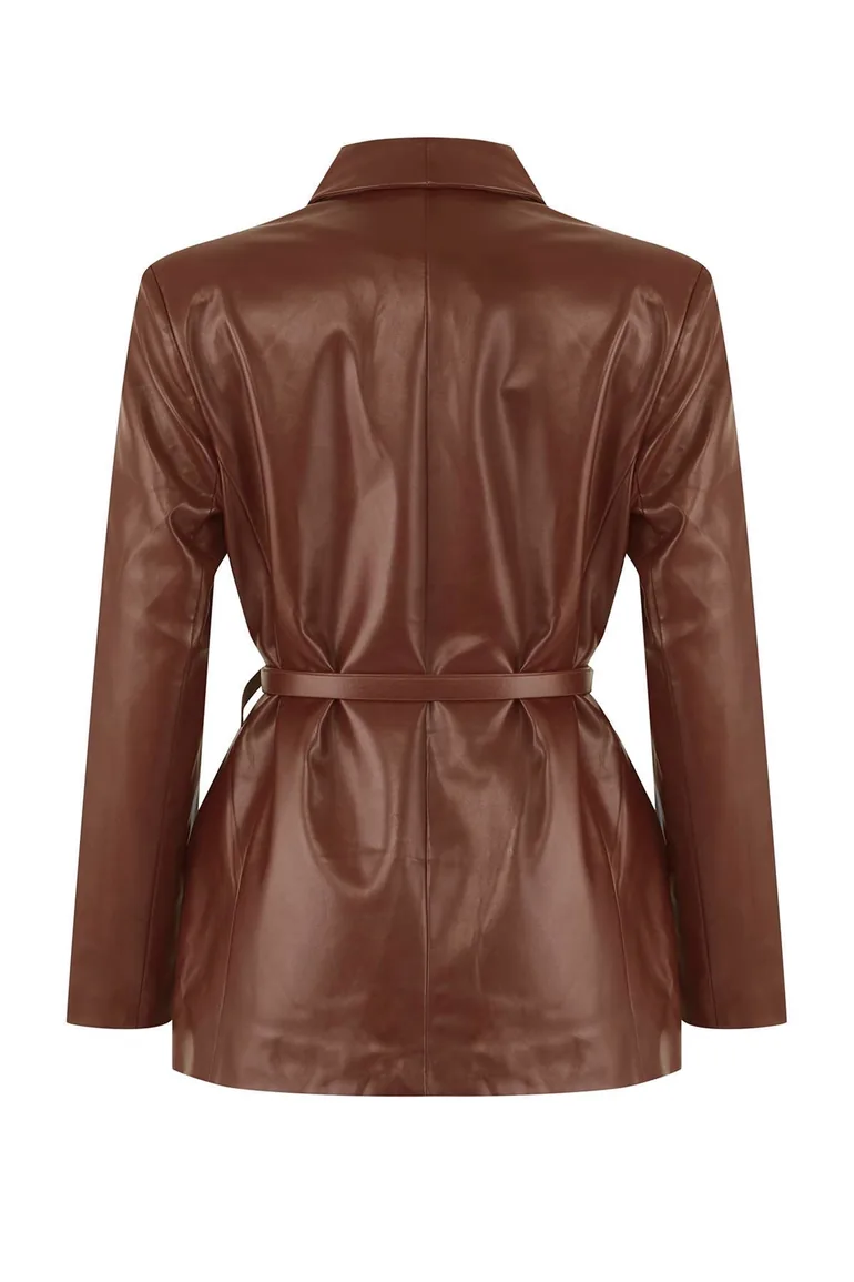 Brown belted double-breasted faux leather woven blazer jacket - 2