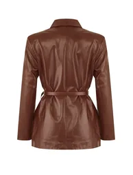 Brown belted double-breasted faux leather woven blazer jacket - 2