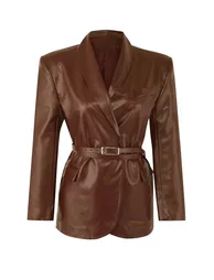 Brown belted double-breasted faux leather woven blazer jacket - 1