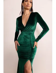 Elivia | Bottle Green Velvet Long Sleeve Plunge Neck Maxi Dress - 2