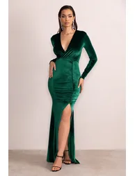 Elivia | Bottle Green Velvet Long Sleeve Plunge Neck Maxi Dress - 3