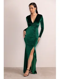 Elivia | Bottle Green Velvet Long Sleeve Plunge Neck Maxi Dress