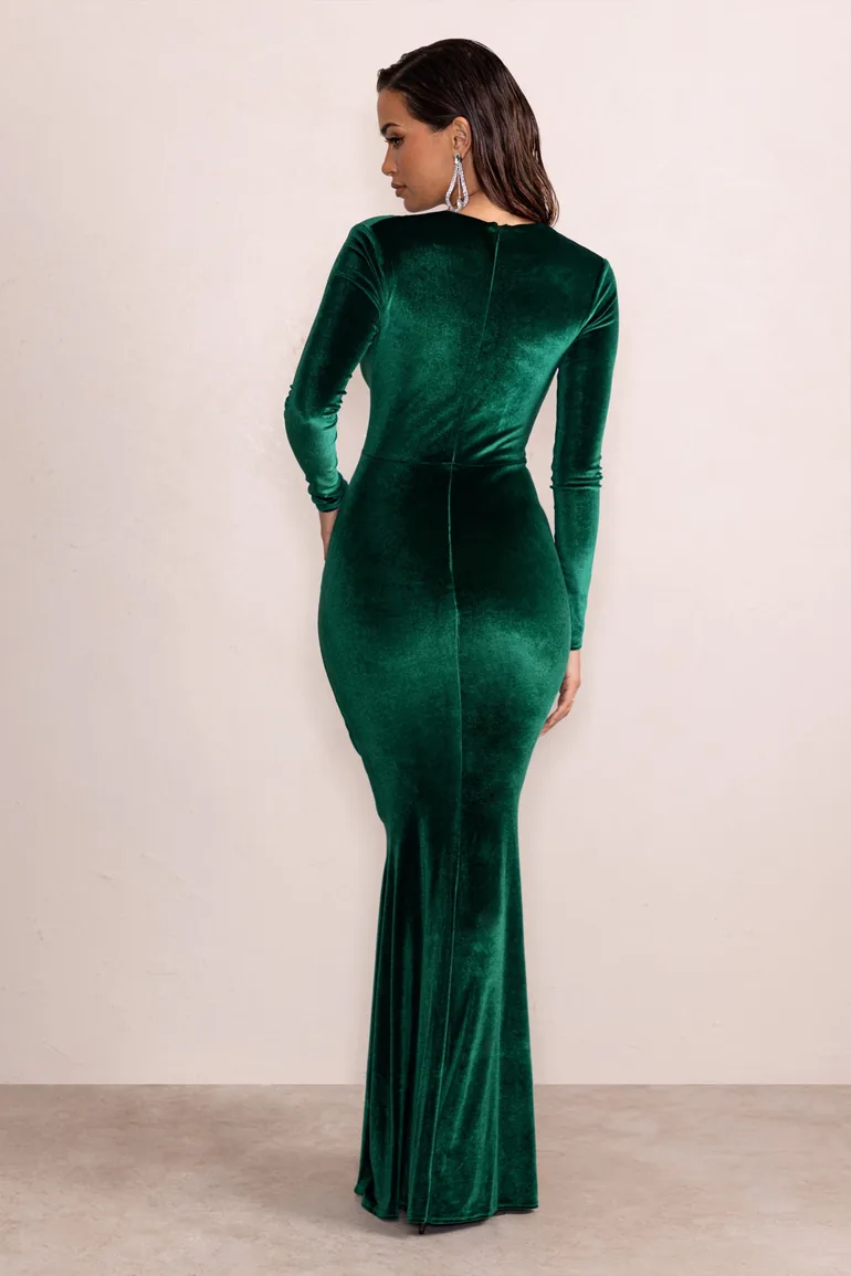 Elivia | Bottle Green Velvet Long Sleeve Plunge Neck Maxi Dress - 1