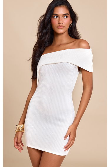 Cream Textured One Shoulder Bardot Bodycon Dress