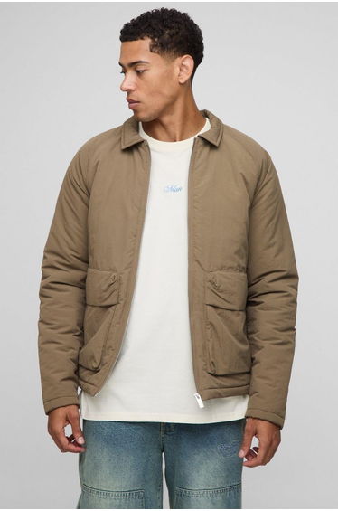 Regular Fit Crinkle Peached Nylon Pocket Harrington Jacket - olive