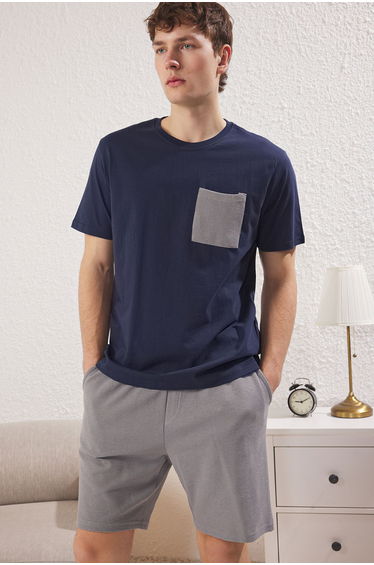 Navy Blue Gray Regular Fit Textured Shorts Knitted Pajama Set