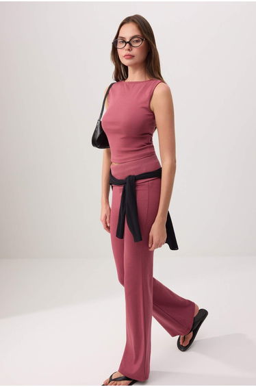 Wardrobe Essentials-Dried Rose Fitted/Sleeveless Knitted Top and Bottom Set