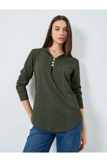 Dark Green Textured Hooded Top