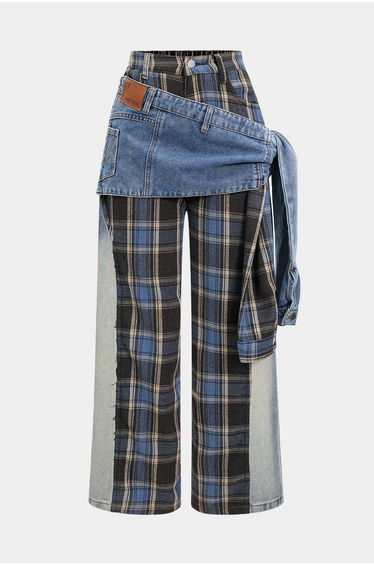 Denim Patchwork Plaid Print Washed Jeans