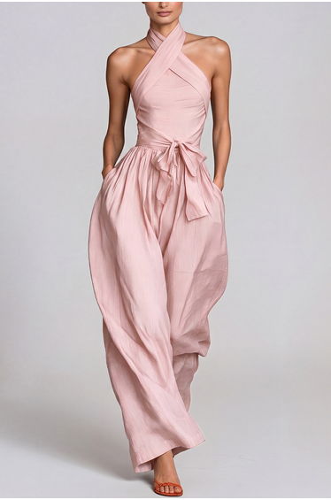 Hermanus Halter Neck Tie Up Baggy Jumpsuit In Pink