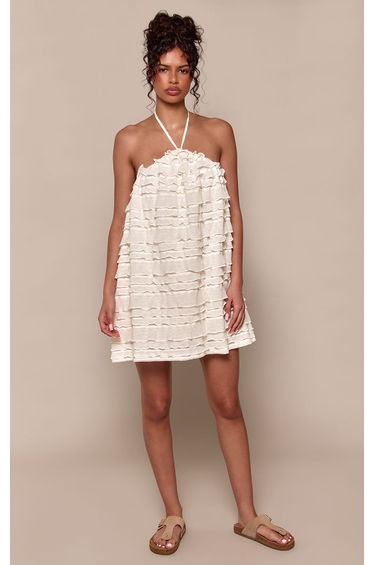 Cream Textured Tiered Halterneck Shift Dress
