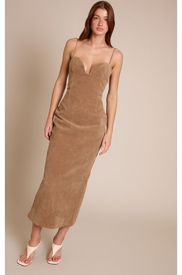 Tan Faux Suede Bodycon Maxi Dress