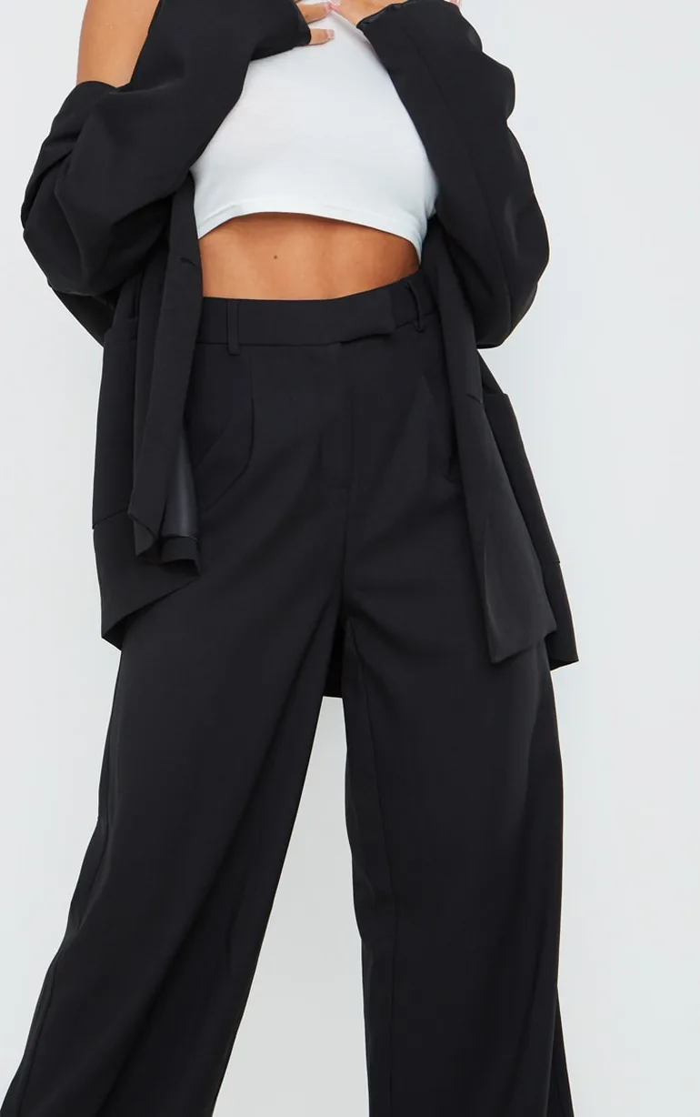 Black Woven Tailored Wide Leg Trousers - 3