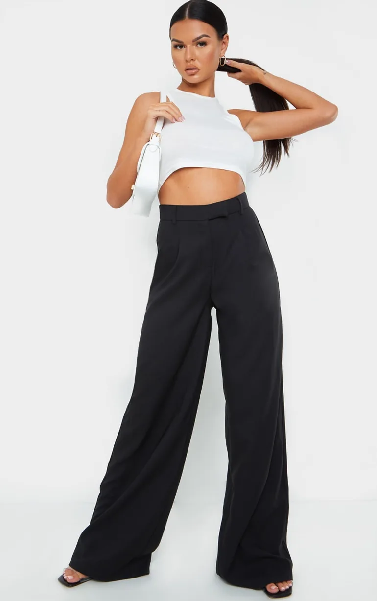 Black Woven Tailored Wide Leg Trousers