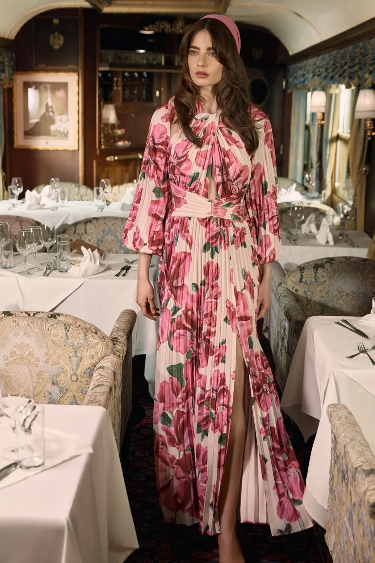Rionna | Pink Hibiscus Print High-Neck Maxi Dress With Cut-Out Detailing - 1