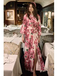 Rionna | Pink Hibiscus Print High-Neck Maxi Dress With Cut-Out Detailing - 1