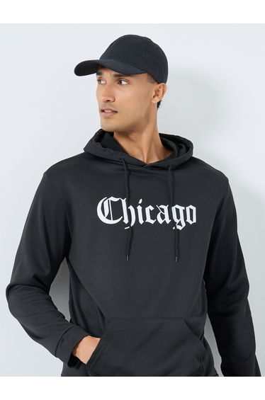 Men Black Chicago Print Hoodie