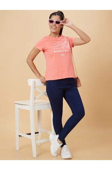 Slogan Print Round Neck Cotton T-Shirt