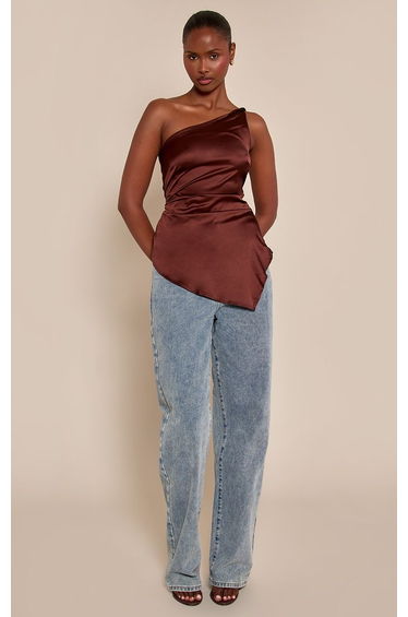 Chocolate Satin Asymmetric One Shoulder Top