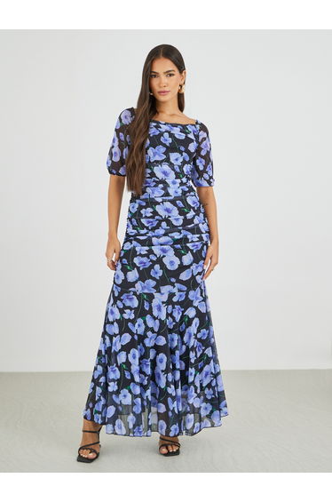 All-Over Floral Print Ruched A-Line Maxi Dress