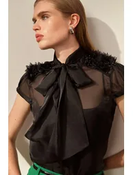 The Founder Organza Petal Applique Woven Tie Neck Blouse