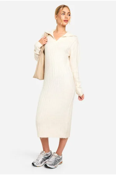 Soft Knit Thick Rib Collar Detail Midaxi Dress - ecru