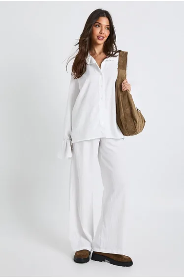 Crinkle Tie Cuff Oversized Shirt & Straight Leg Trousers - white