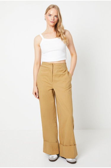 Twill Turn Up Hem Straight Leg Trouser