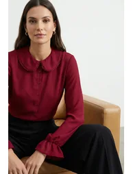 Burgundy Collar Detailed Ruffled Woven Shirt - 1