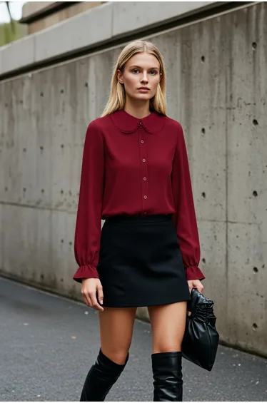 Burgundy Collar Detailed Ruffled Woven Shirt