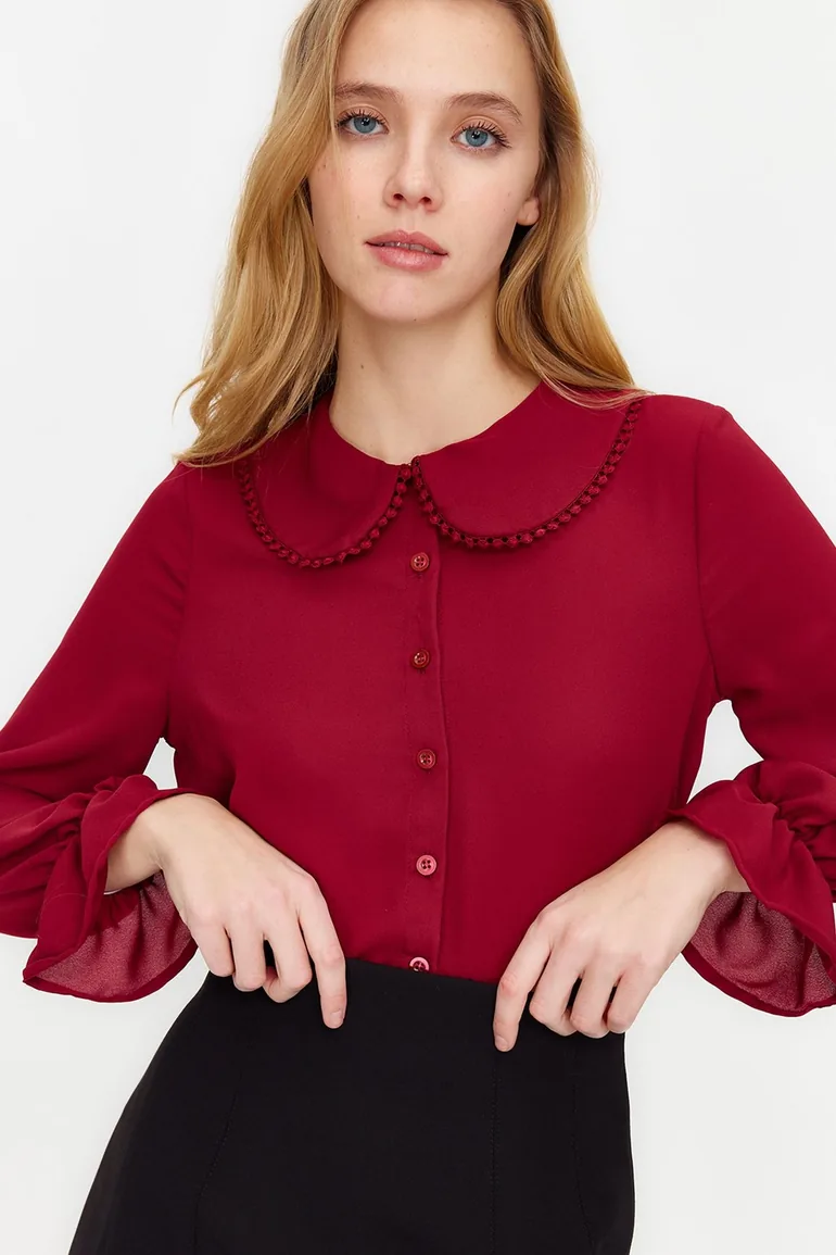 Burgundy Collar Detailed Ruffled Woven Shirt - 2
