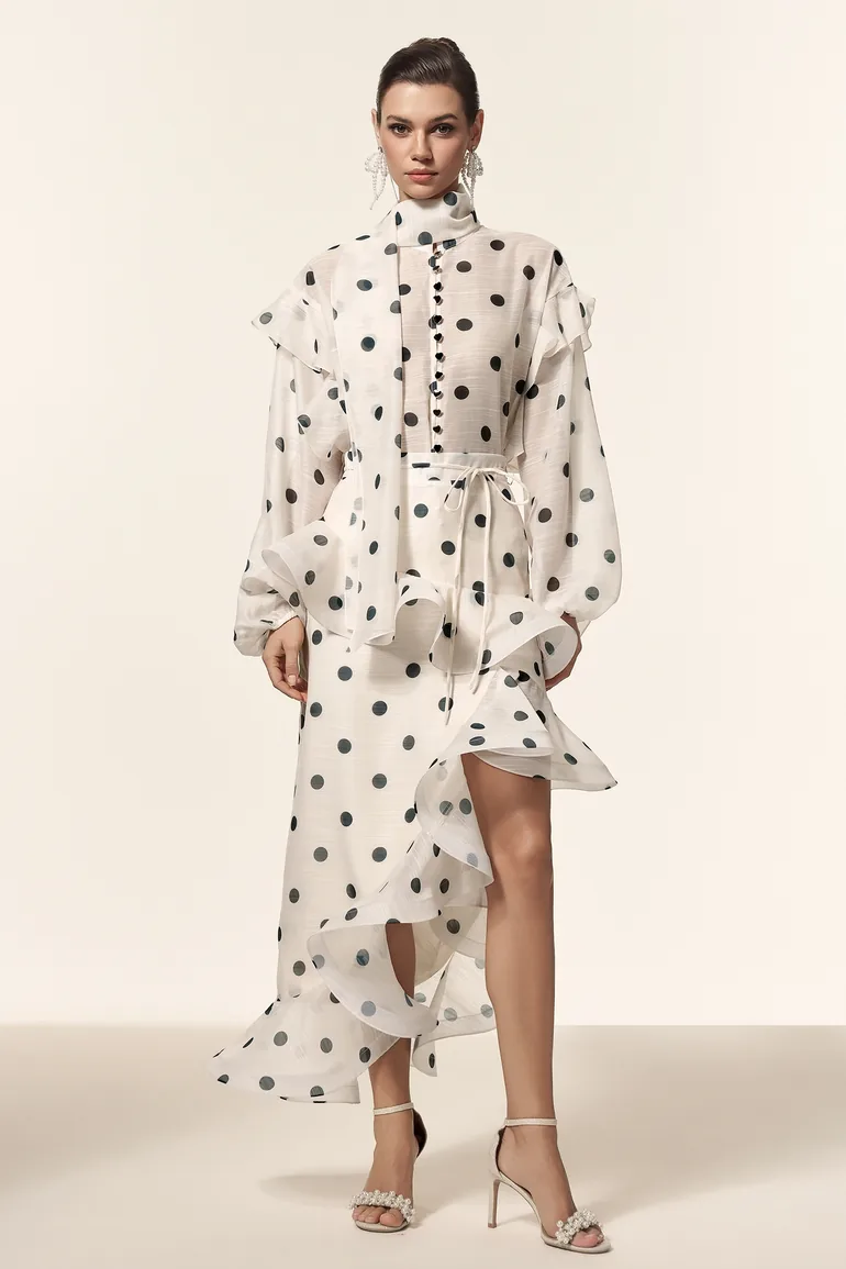 Vleah Streamer Long Sleeves Dot Printed Asymmetric Folds Midi Dress Bella  Barnett : Evening Dresses : VogaCloset Bahrain