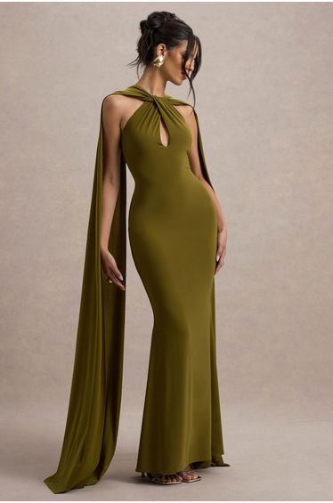 Rhoda | Green Twist Halter-Neck Cape Maxi Dress