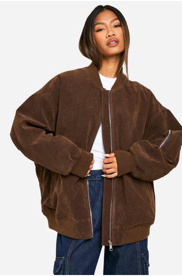 Vintage Suede Look Oversized Bomber Jacket - chocolate