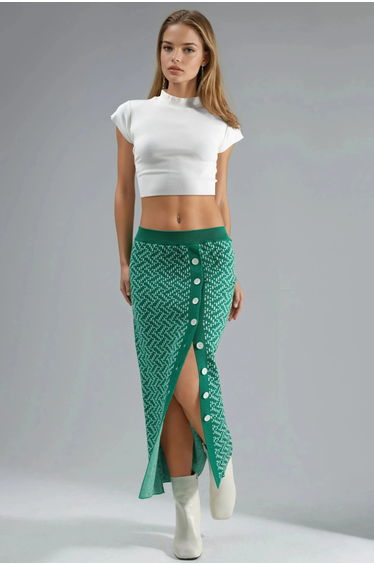 MY FASHION High Waist Geometric Knit Maxi Skirt with Button Closure