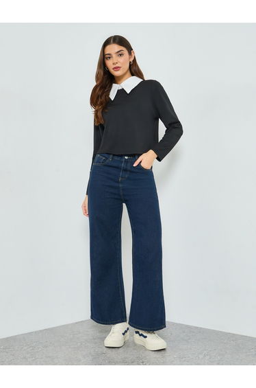 Black Long Sleeve Top with Contrast Collar