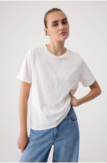 Ecru Plain Regular Crew Neck Standard Sleeve Short Tok 100% Cotton Knitted T-Shirt