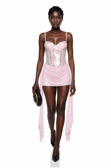 Wilhelmina Pink Ruched Mini Dress with Ribbon Detail