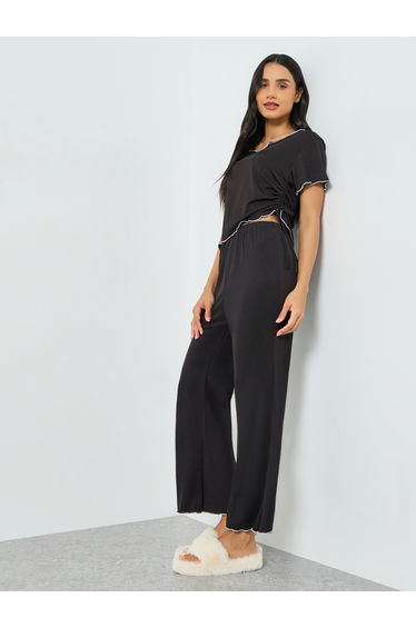 Black Lettuce Edge Notch Neck T-Shirt and Pyjama Set