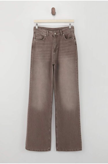 Light Brown Draped Vintage Wash High Waist 100% Cotton Wide Leg Jeans